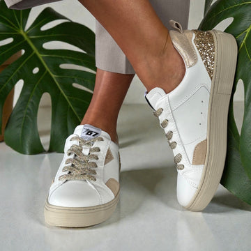 Womens Tamaris 23706 White with Gold Glitter Heel Trainers - White