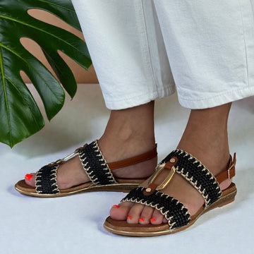 Womens Lunar Jules Woven with Gold Circle Sandals - Black