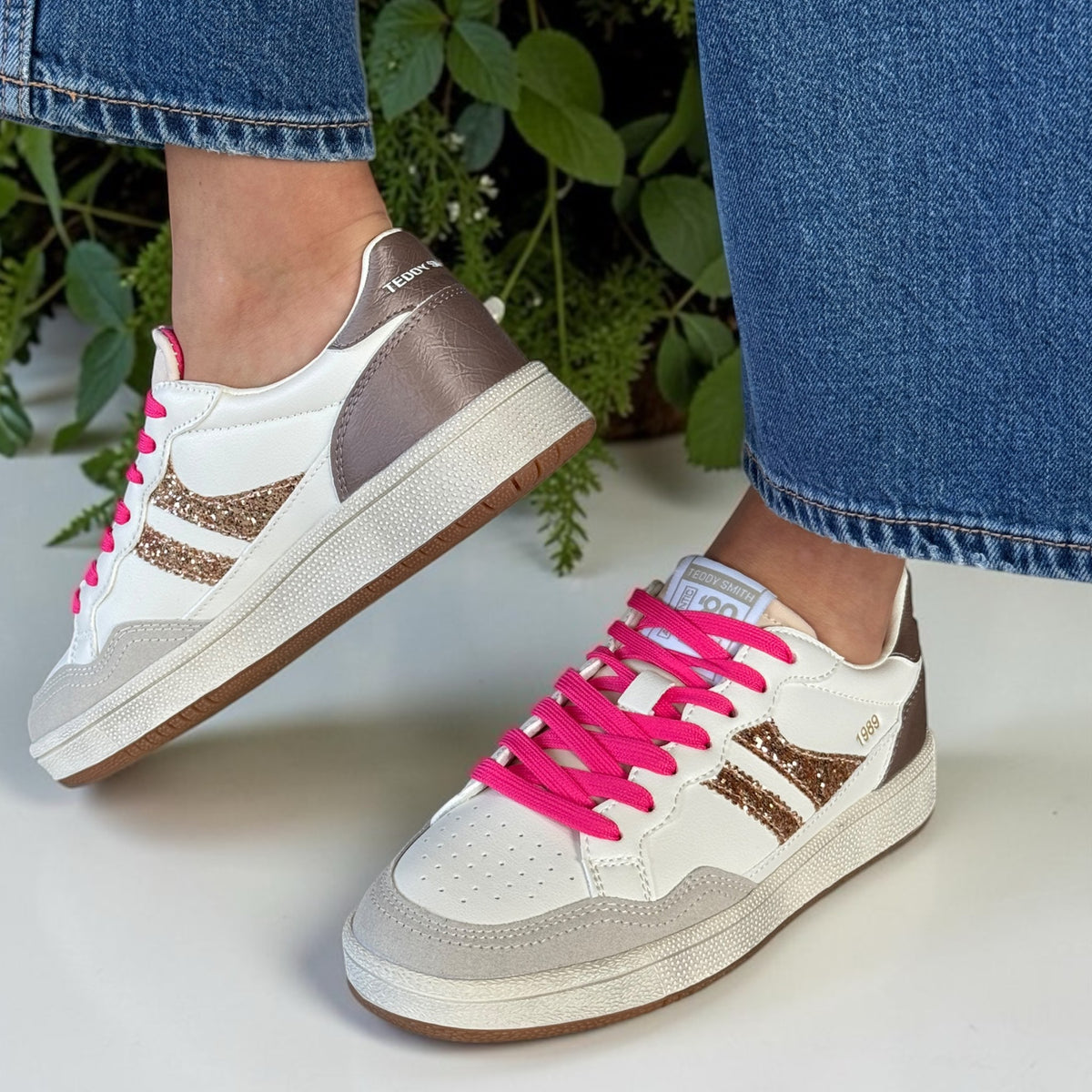 Womens Teddy Smith 120598 White and Grey Stripe Trainers