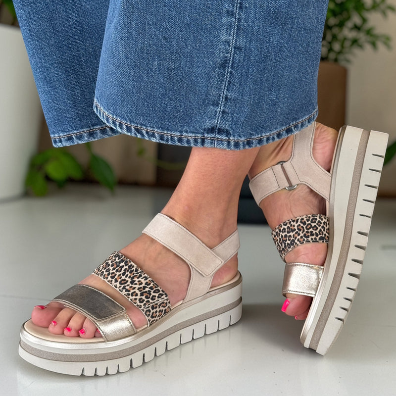 Womens Gabor 84.620 Alfa Beige Leopard Wedge Sandal - Beige Gold