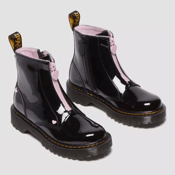 Dr Martens Junior Bex Heart Patent Leather Zip Front Boots - Black Patent
