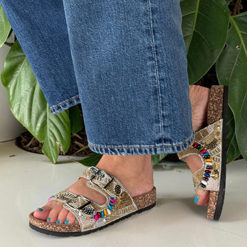 Womens Heavenly Feet JESS Beaded 2 Strap Sandals - Beige Gold