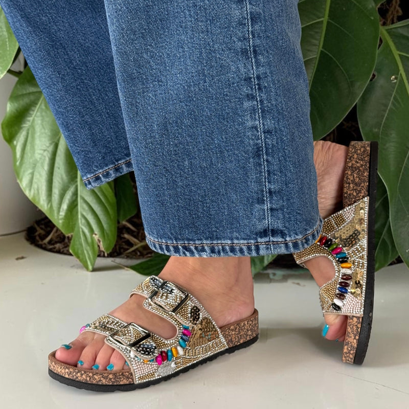 Womens Heavenly Feet JESS Beaded 2 Strap Sandals - Beige Gold