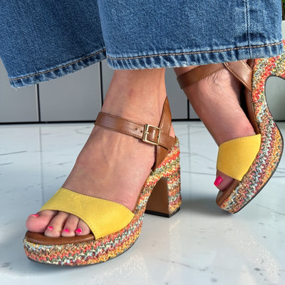 Womens Marco Tozzi 28008 Lemon Multi Raffia Platform Sandals - Lemon Comb