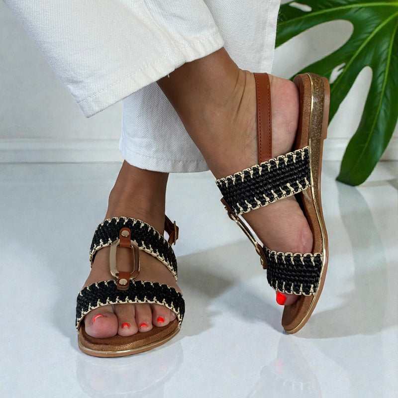 Womens Lunar Jules Woven with Gold Circle Sandals - Black