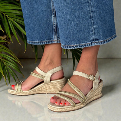 Womens Lunar Izzy  Diamante Straps Wedge Sandals - Gold