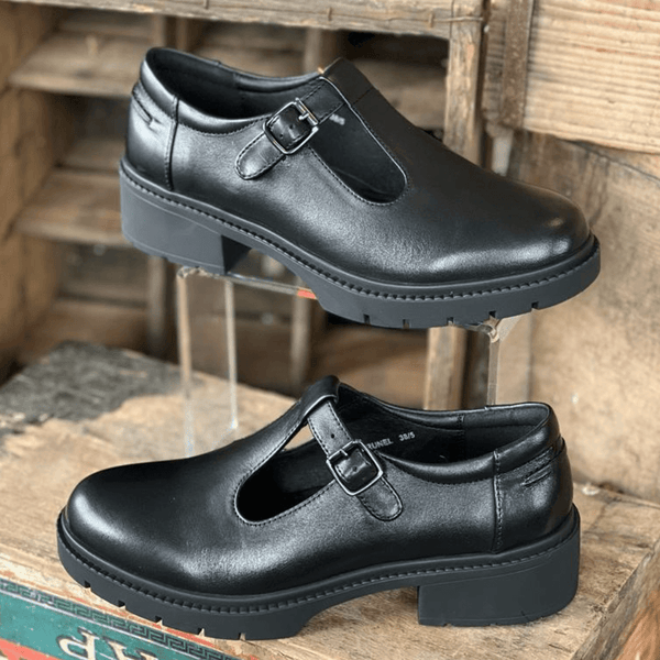 Girls Teds Brunel Black Leather T-Bar School Shoes - Black Leather