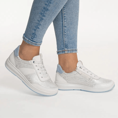 Womens Ara Osaka White and Silver Snake Print Inside Zip Trainers - White and Silver
