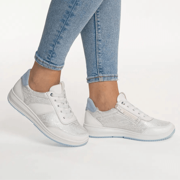 Womens Ara Osaka White and Silver Snake Print Inside Zip Trainers - White and Silver