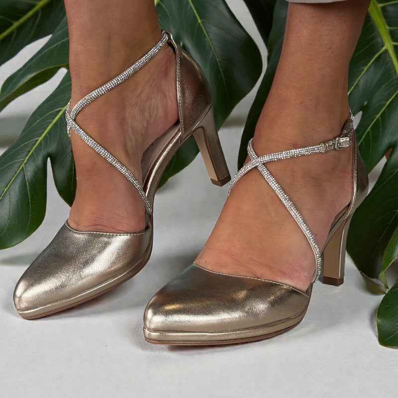 Womens Tamaris Diamante Strap High Heels - Light Gold