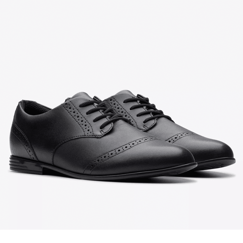Girls Clarks Finja Brogue Lace Up Leather School Shoes - Black