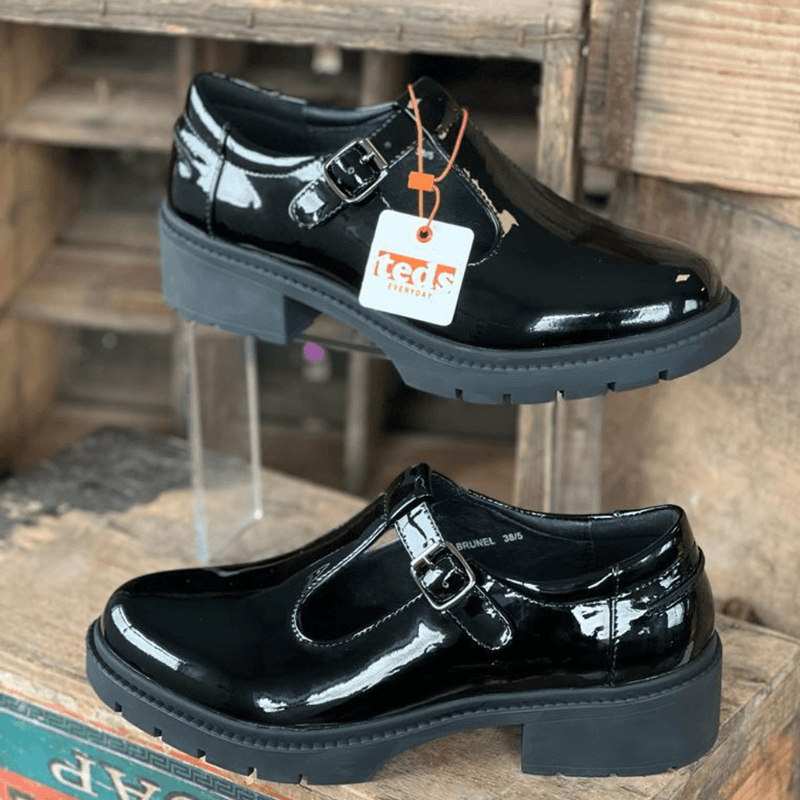 Girls Teds Brunel Black Patent T-Bar School Shoes - Black Patent