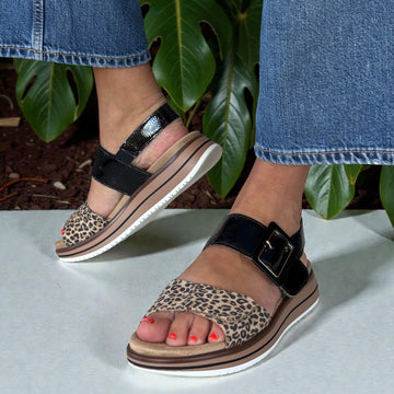 Womens Remonte D1J53 Black and Leopard Print Velcro Flatform Sandals - Black
