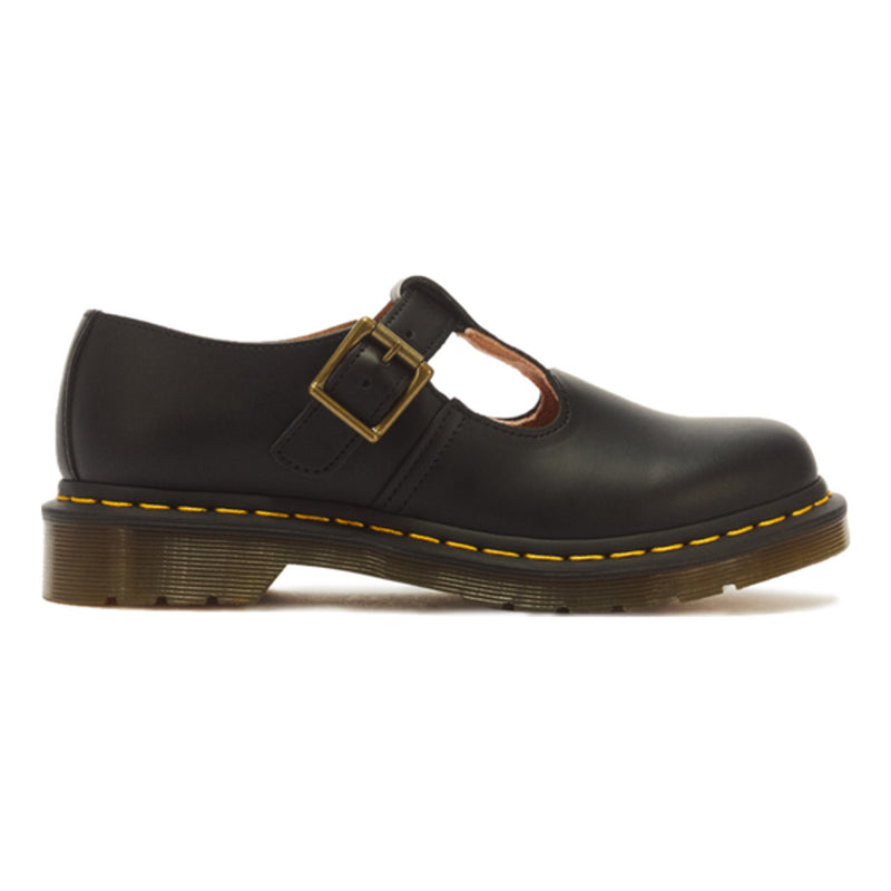 Girls Dr Martens Polly Smooth Leather Black Mary Jane School Shoes - Black
