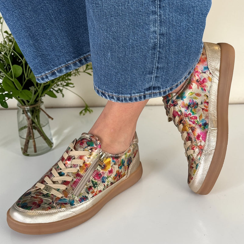 Womens Caprice 23759 Floral Gold Leather Side Zip Trainers - Gold