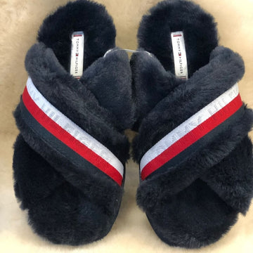 Womens Tommy Hilfiger Ladies Navy Furry Home Slipper - Navy