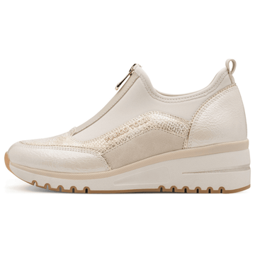 Womens Marco Tozzi 24780 Cream and Gold Zip Front Wedge Trainers - Cream Combi