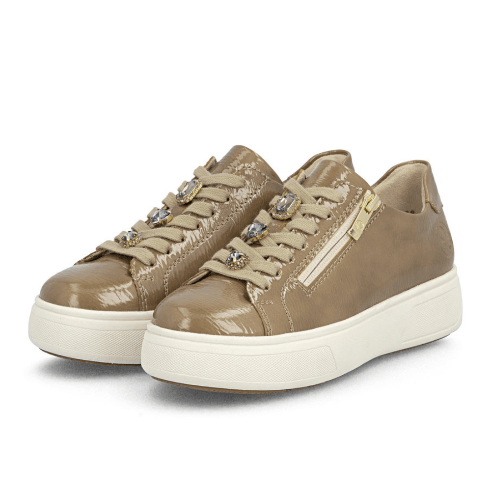 Womens Rieker M7702 Patent Side Zip Trainers- Fango Sand
