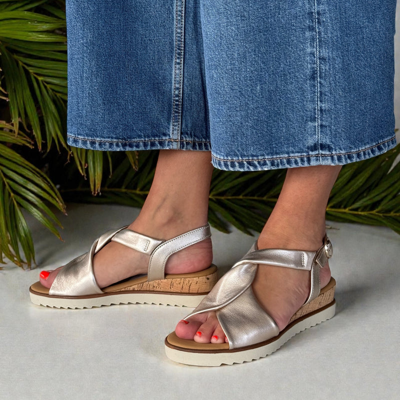 Womens Gabor Rich Twist Front Slingback Sandals - Pewter Gold