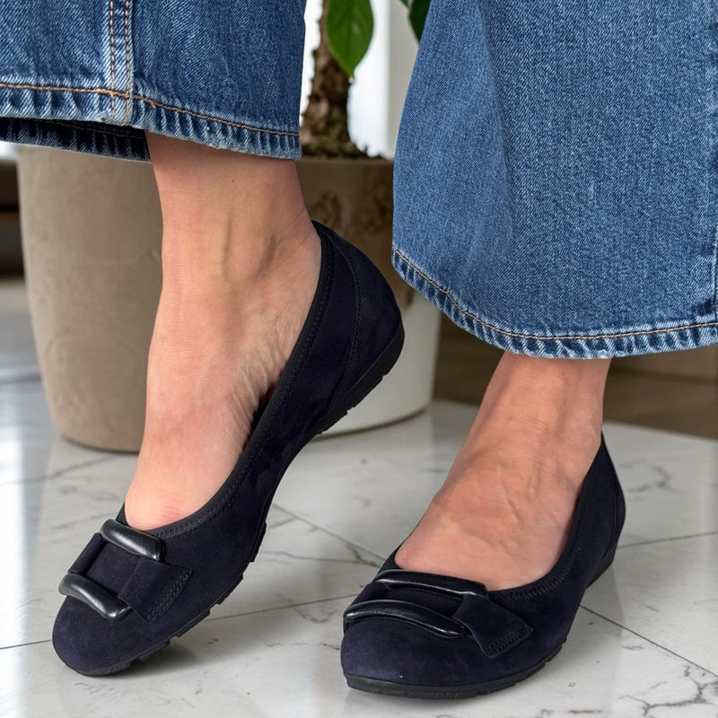 Womens Gabor 84.166 Flat Ballerina Pumps - Navy Suede