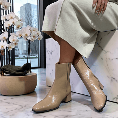 Womens Unisa Lucas Zip Back Heeled Ankle Boots - Nude Patent