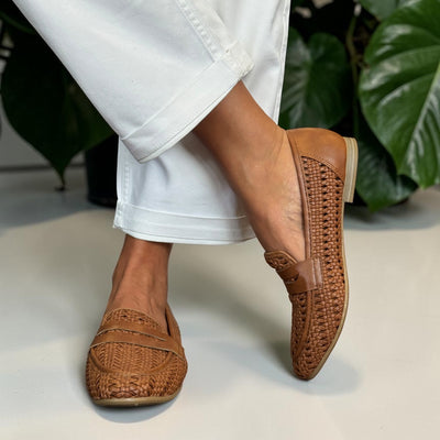 Womens Marco Tozzi 24232 Woven Flat Loafers - Tan