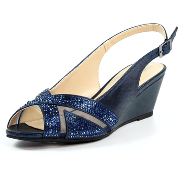 Womens Lunar Emmerline Navy Diamante Peep-Toe Wedge Heels - Navy