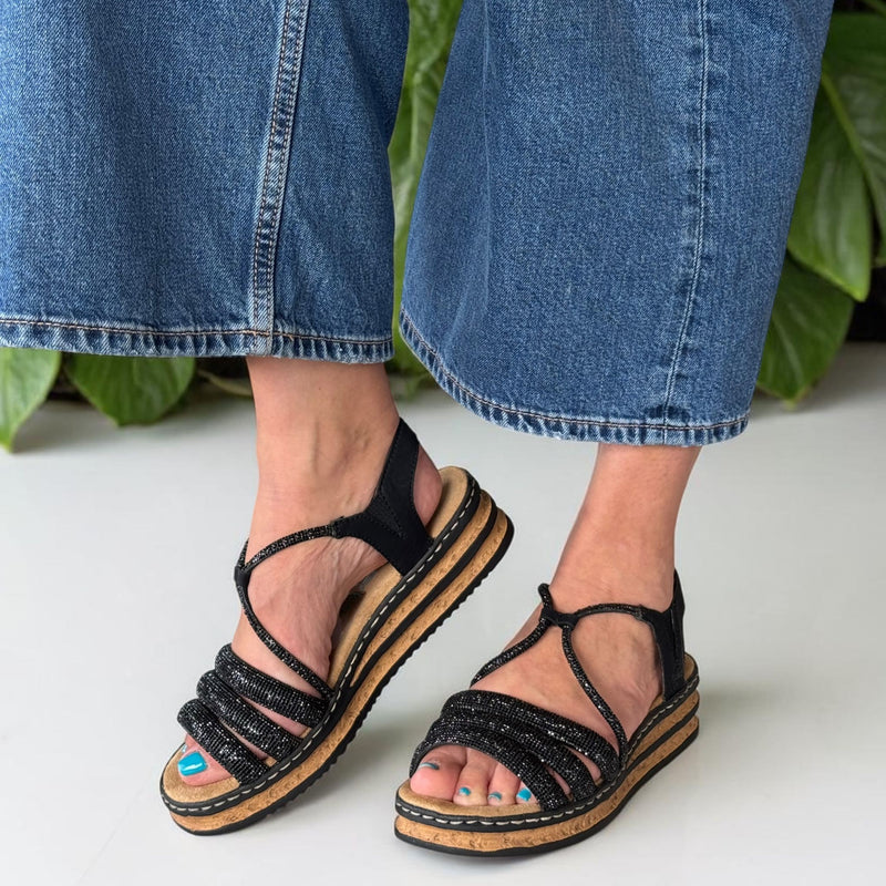 Womens Rieker 62977 Diamante Wedge Sandal - Black