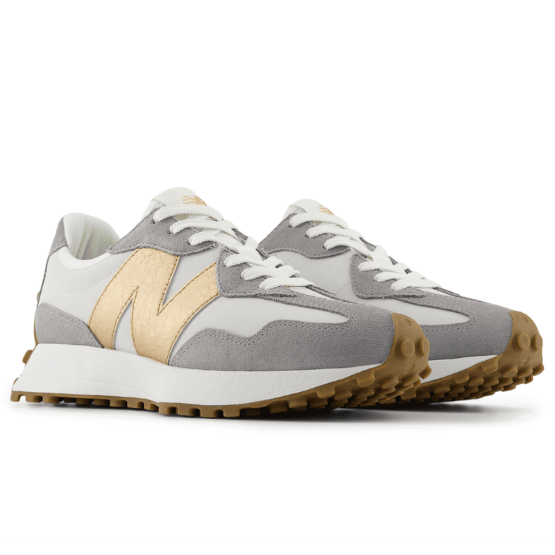 Womens New Balance 327 Suede Trainers - Grey and Gold - Grey Matter with Gold Metallic
