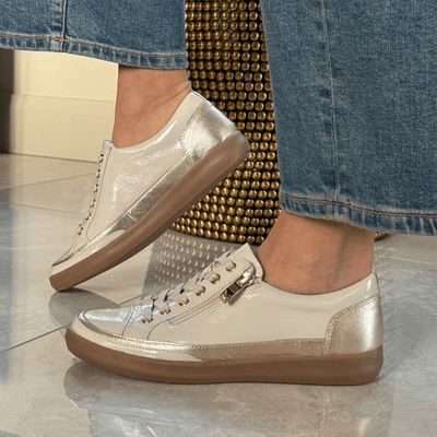 Womens Caprice 23706 Cream with Gold Side Zip Trainers - Nude Patent
