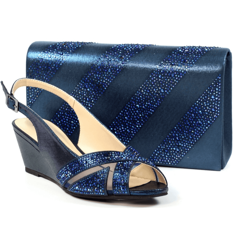 Womens Lunar Emmerline Navy Diamante Peep-Toe Wedge Heels - Navy