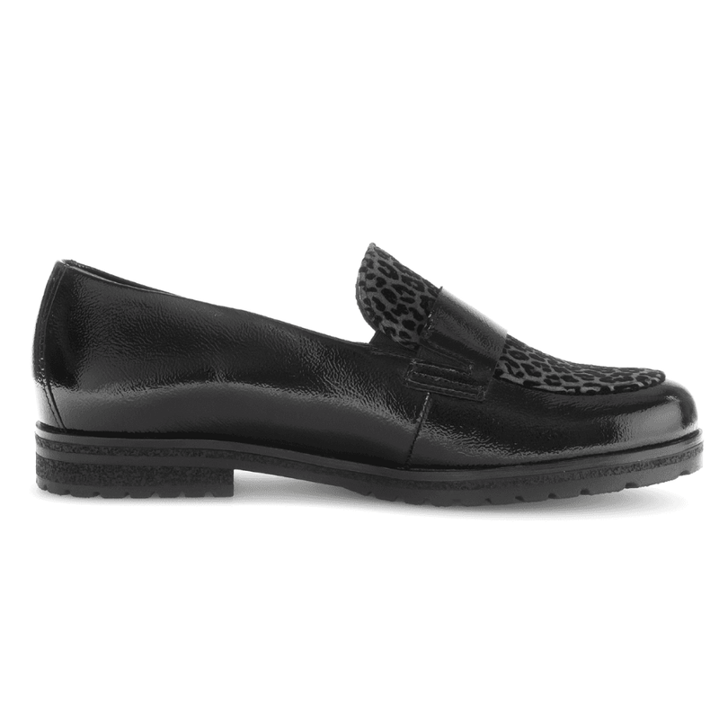 Womens Gabor 72.042 Black Patent Leopard Print Tongue Loafers - Black Patent