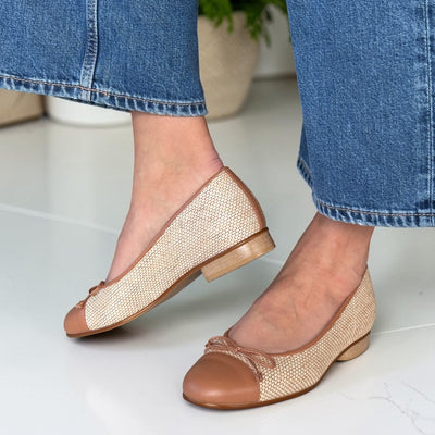 Womens Gabor Dulford Tan and Cream Textured Ballerina Pumps - Tan