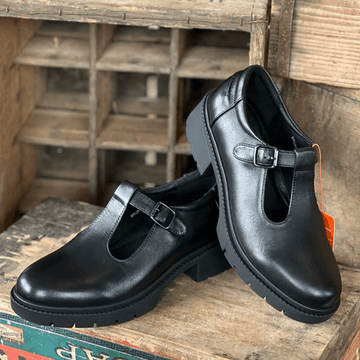 Girls Teds Brunel Black Leather T-Bar School Shoes - Black Leather