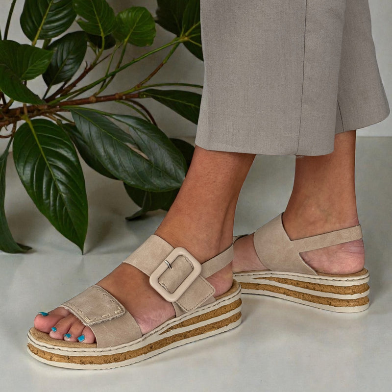 Womens Rieker 62950 Beige Velcro Double Strap Sandals - Beige Gold