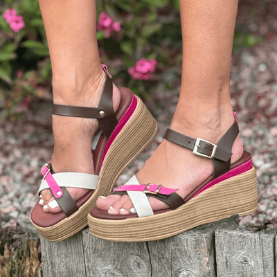 Womens Igi & Co Dark Brown and Pink Leather Wedge Sandals - Dark Brown