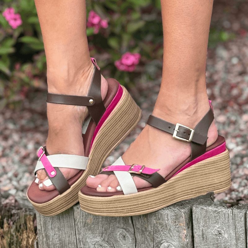 Womens Igi & Co Dark Brown and Pink Leather Wedge Sandals - Dark Brown