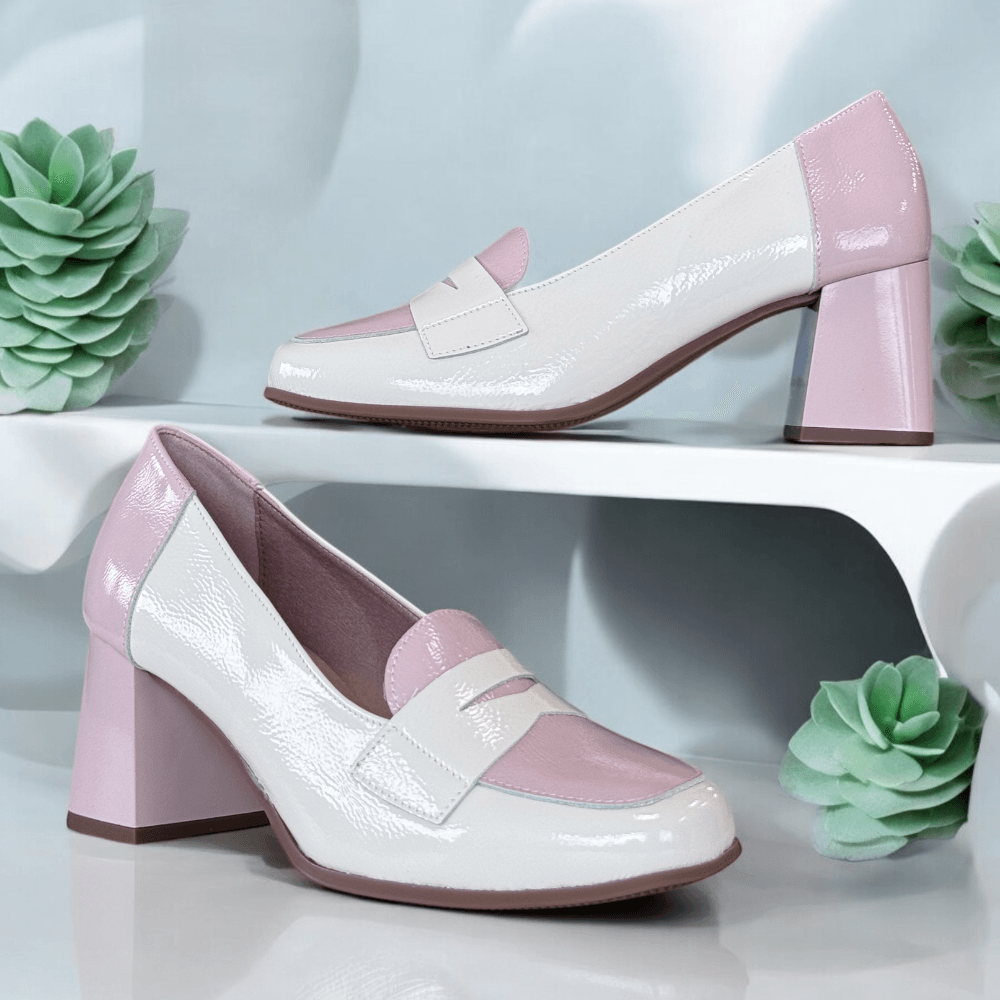 Womens Pitillos 10490 Ivory Patent and Pink Block Heel Loafers