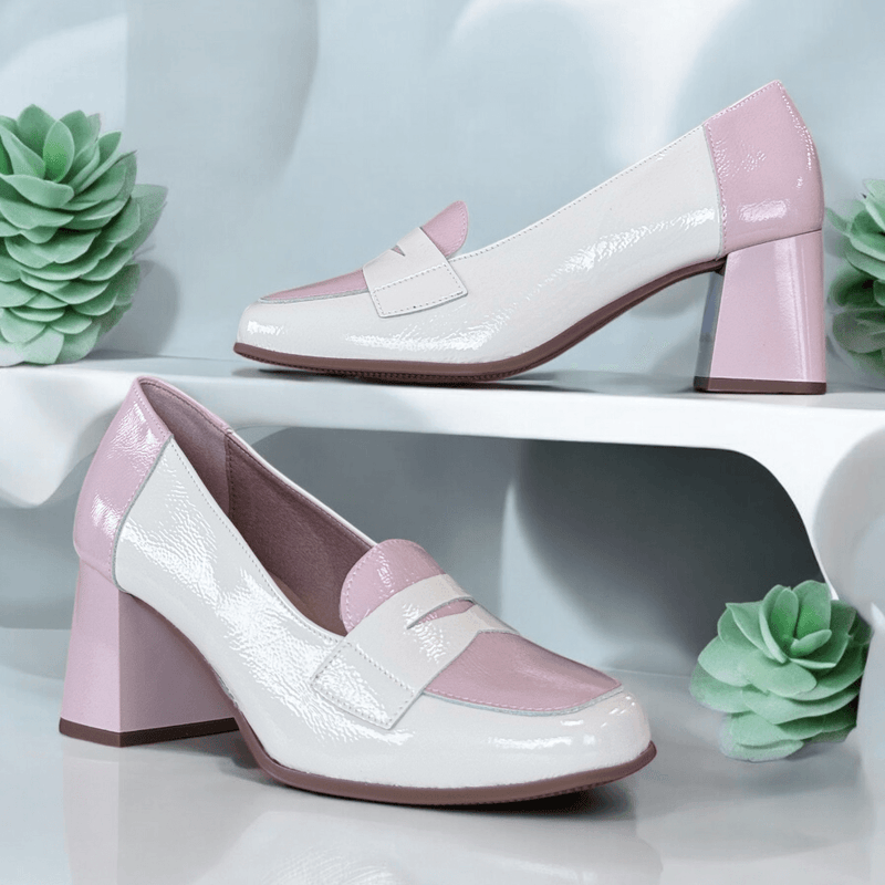 Womens Pitillos 10490 Ivory Patent and Pink Block Heel Loafers - Ivory