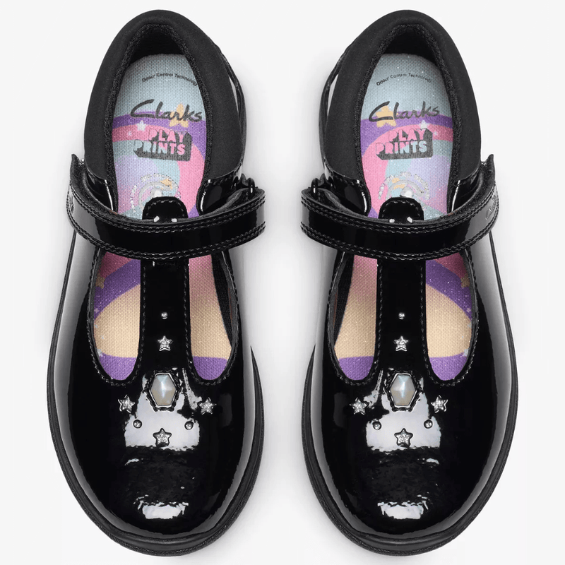 Infant Girls Clarks Relda Gem Black Patent T-Bar School Shoes - Black Patent