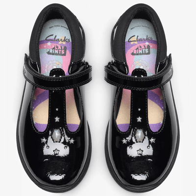 Junior Girls Clarks Relda Gem Black Patent T-Bar School Shoes - Black Patent