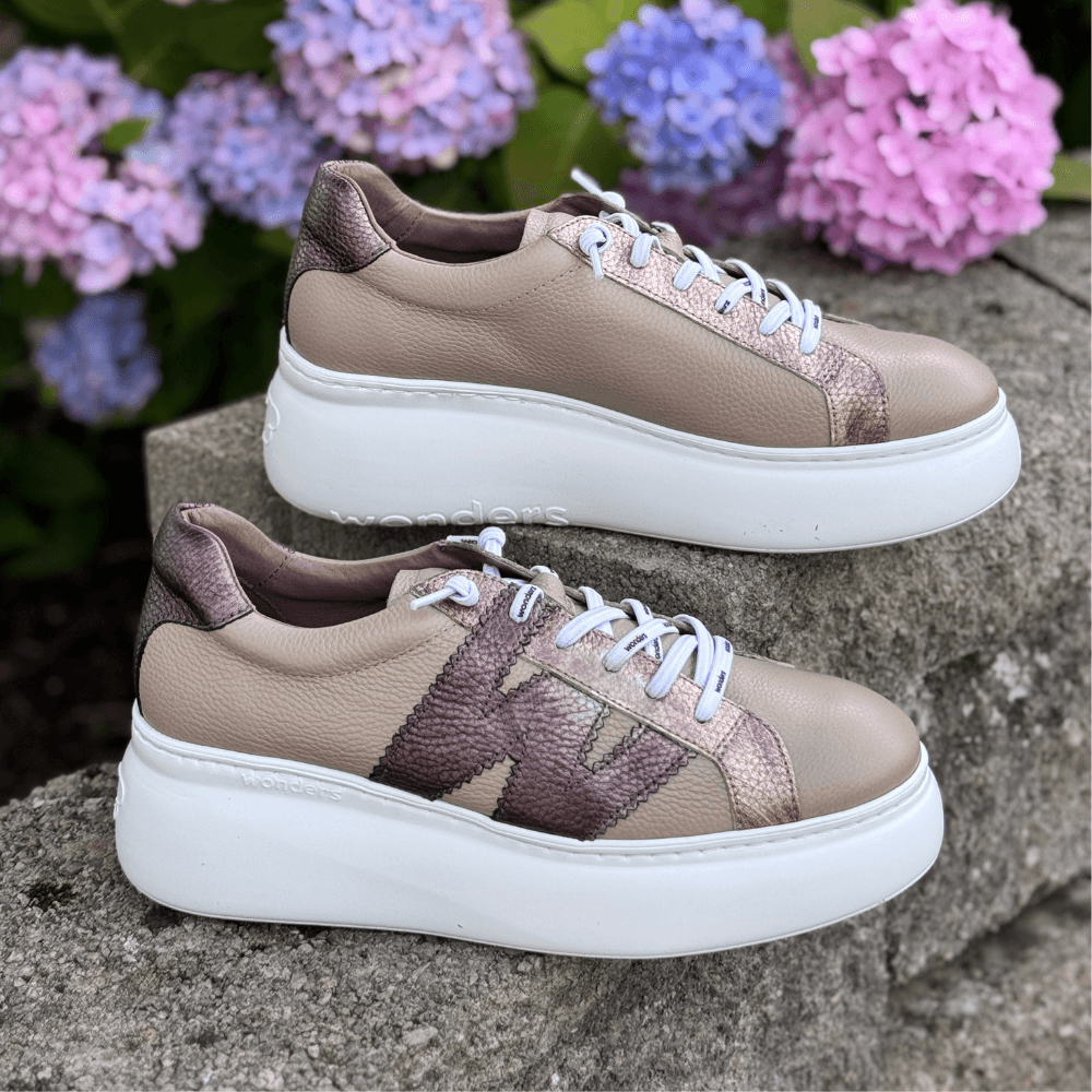 Womens Wonders A-2670 Taupe and Gold Platform Elasticated Trainers