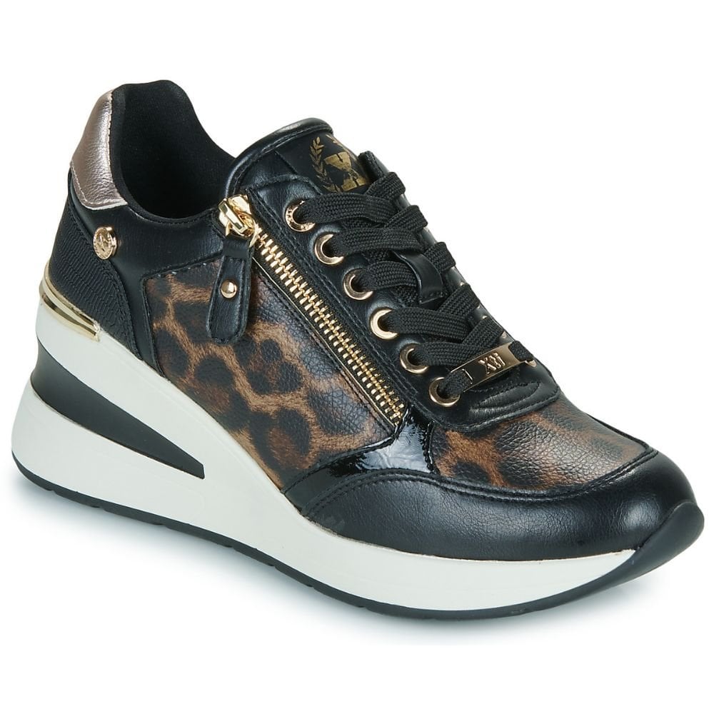 Womens Xti 144378 Black and Leopard Wedge Side Zip Trainers