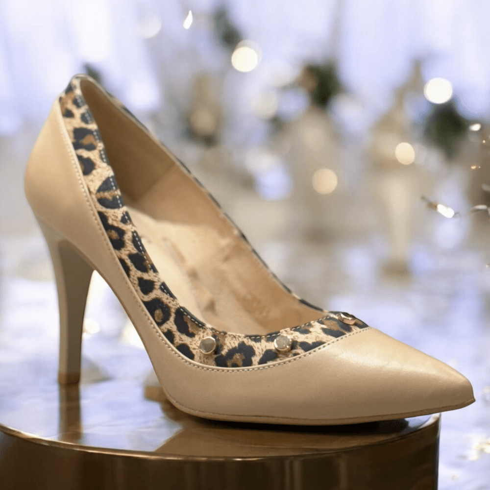 Womens Emis Beige with Leopard and Stud Trim Court Heels