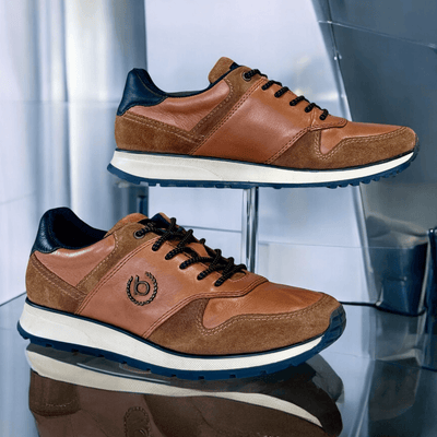 Bugatti Mens APA02 Tan Leather Lace Up Trainers - Cognac-Tan