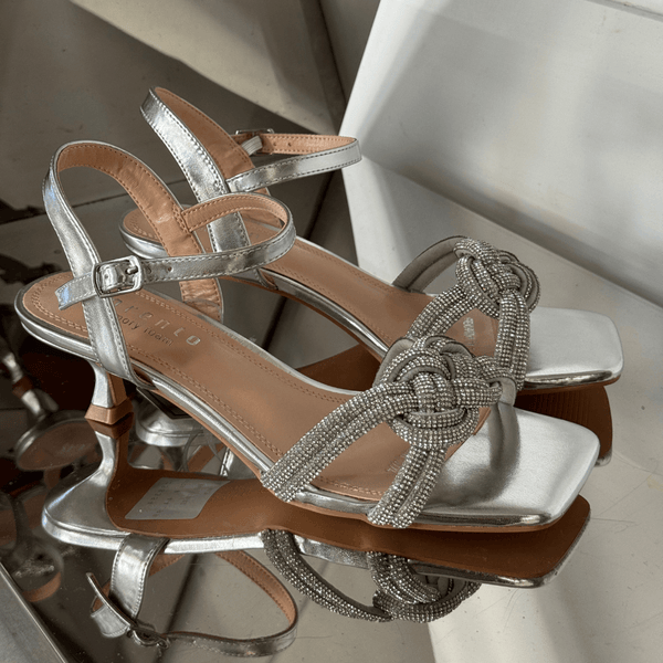 Womens Sorento French Point Diamante "Braid" Kitten Heels - Silver Knot