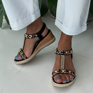 Womens Susst Krystal T-Bar Wedge Sandals - Black