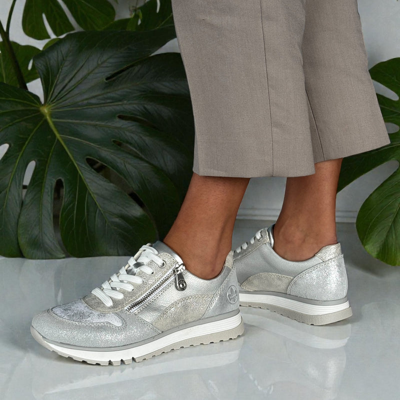 Womens Rieker 49003 Silver Shimmer Side Zip Trainers - Silver