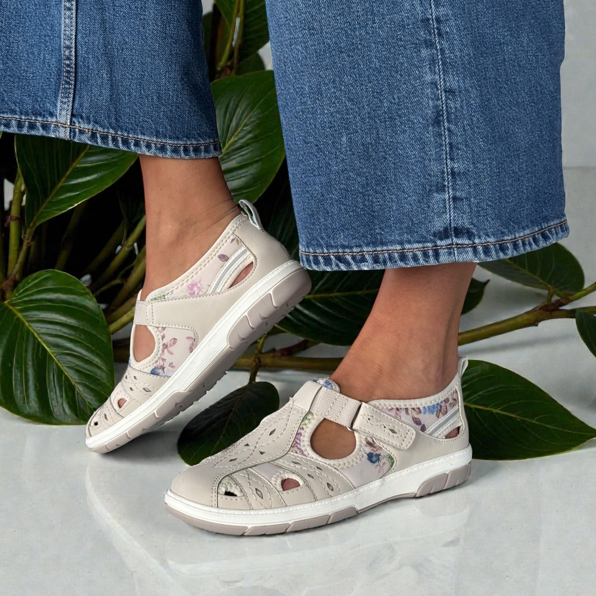 Womens Jana 23669 Beige Floral Multi Velcro Strap Shoes