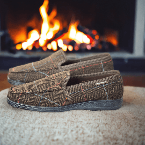 Lazy Dogz Mens Eisenhower Tweed Slippers - Brown